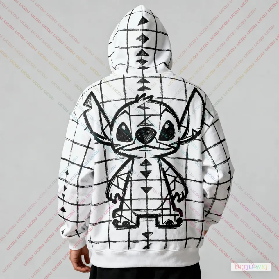2025 Autumn Winter Plus Size Hooded Sweatshirt Disney Stitch Graffiti Pattern Print Warm And Comfortable Fashionable Sweatshirt