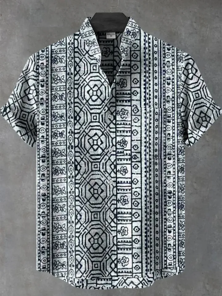 New ethnic-style shirt pattern casual design men's linen printed short-sleeved shirt button fashionable top