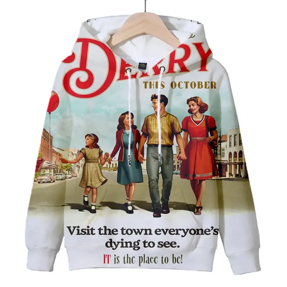 Welcome to Derry 3D Digital Print Custom Hooded Top Provided Image Can DIY Long-sleeved Polyester Adult Hat Fabric Hoodies Y2k