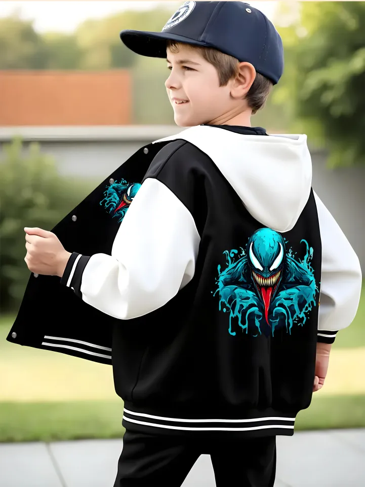 Marvel Boys' Baseball hooded Jacket - Cool Venom Print, Double-Sided Pattern, Soft Fabric