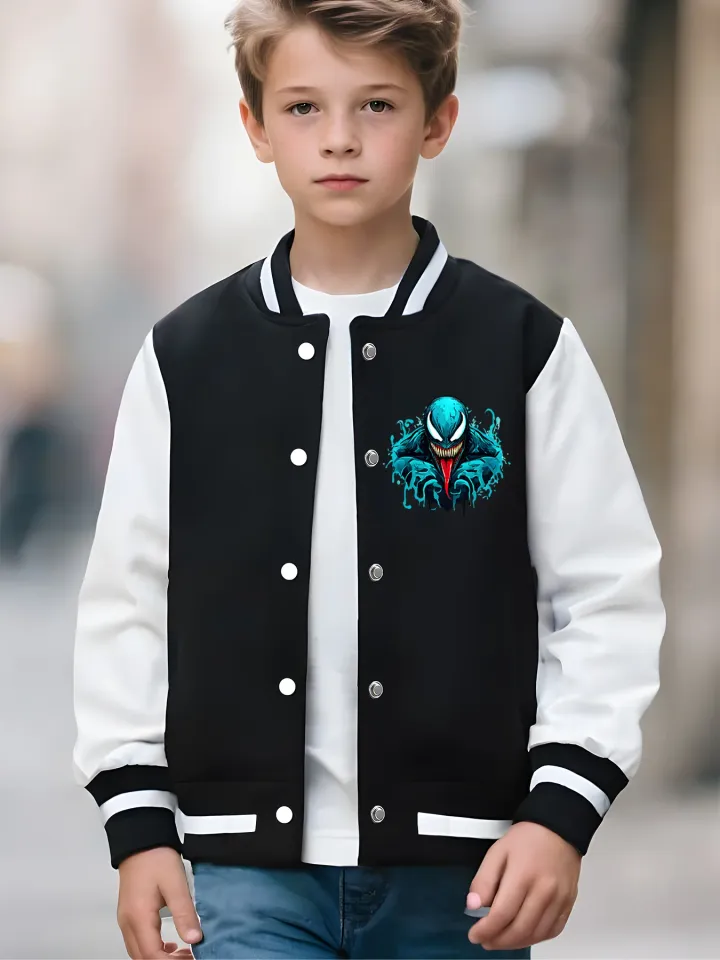 Marvel Boys' Baseball Jacket - Cool Venom Print, Double-Sided Pattern, Soft Fabric
