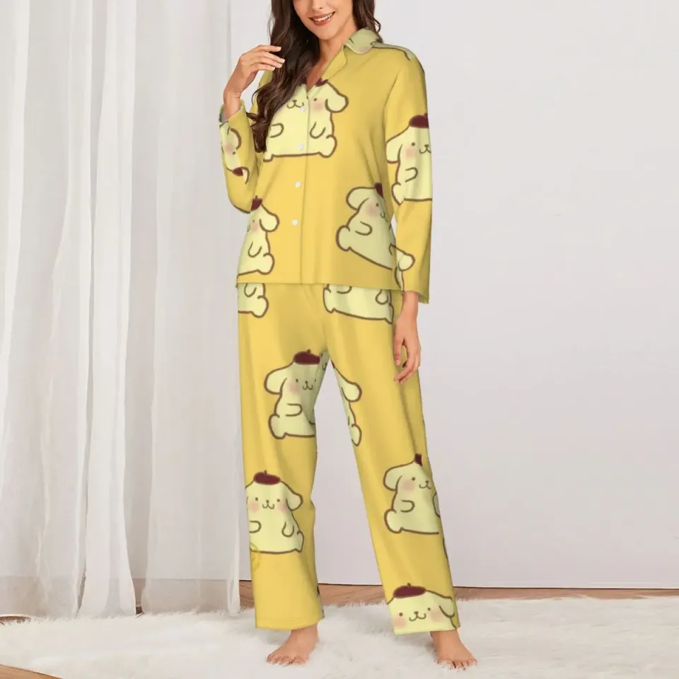 Sanrio Pompompurin Women's Pajamas Set Button Down Pajama 2 Piece Suit Pyjama Femme Nightwear Loungewear