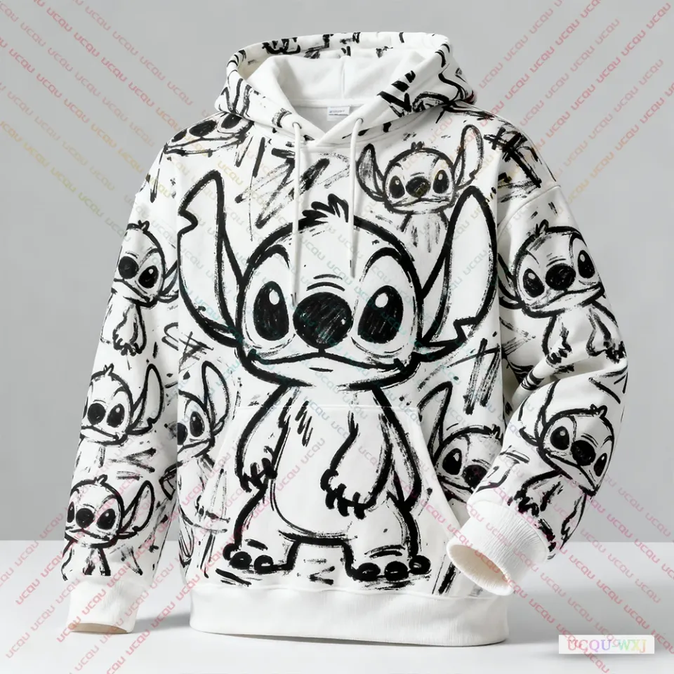 2025 Autumn Winter Plus Size Hooded Sweatshirt Disney Stitch Graffiti Pattern Print Warm And Comfortable Fashionable Sweatshirt