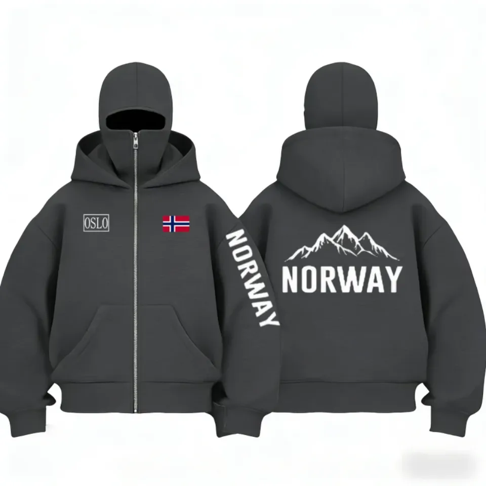 Autumn Winter Men's and Women's Norway flag pattern fleece zip up hoodies Balaclava Hooded Mask Design Fashionable sweatshirt