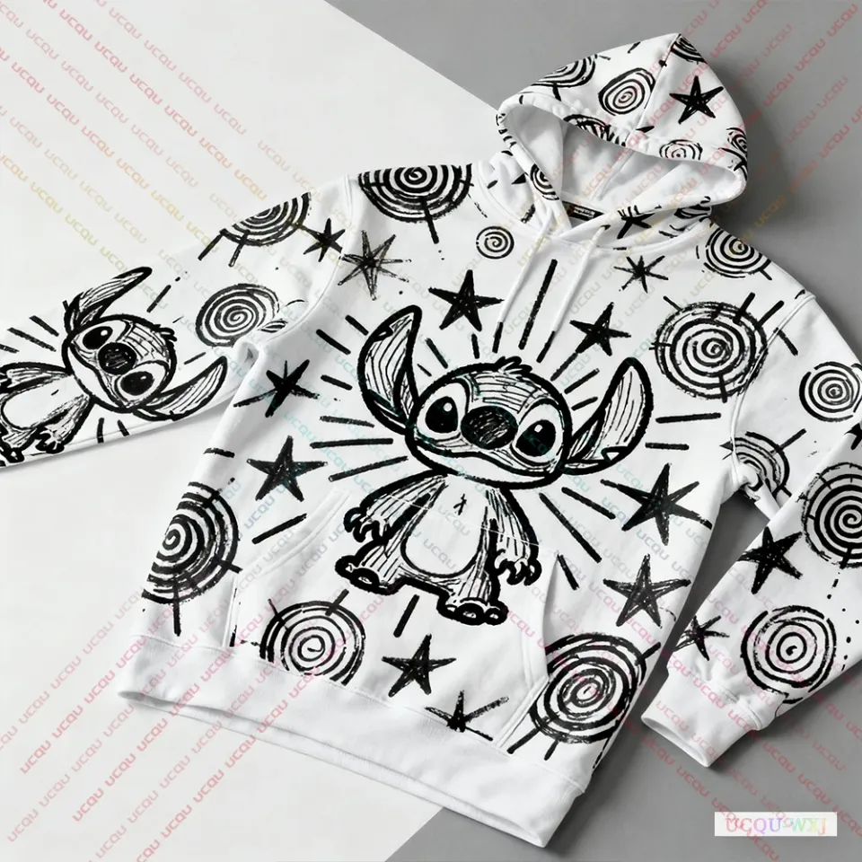 2025 Autumn Winter Plus Size Hooded Sweatshirt Disney Stitch Graffiti Pattern Print Warm And Comfortable Fashionable Sweatshirt