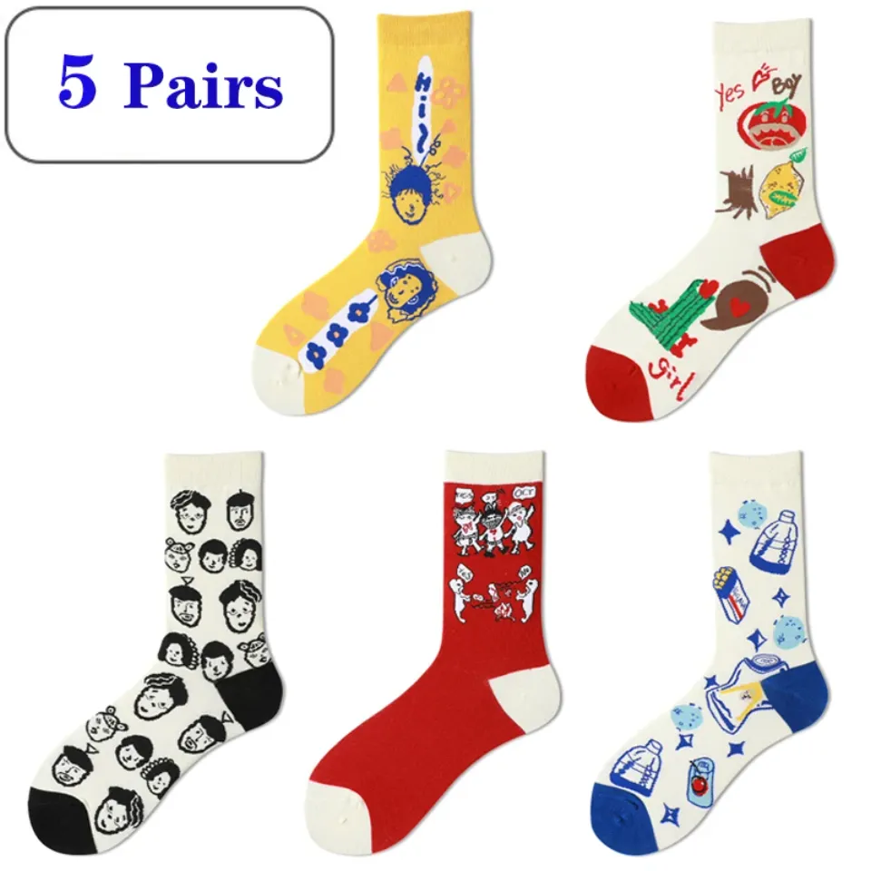 5 Pairs Graffiti Socks Personality Tide Funny Korean Version Mid Tube Couple Socks Harajuku Style Colorful Cute Flower Socks