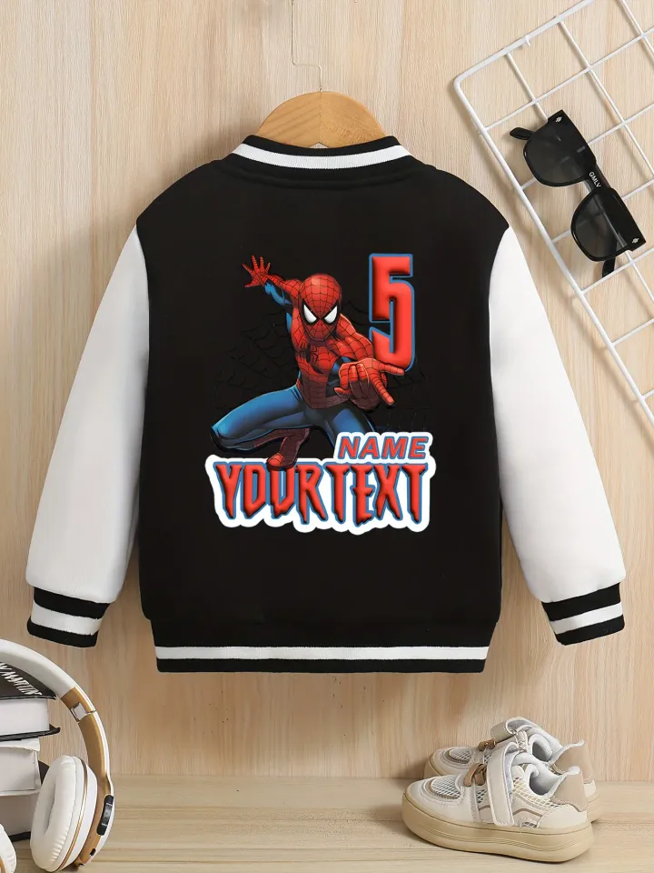 Marvel boys' baseball jacket - Spider-Man digital interactive print, customizable text on both sides, perfect for school,