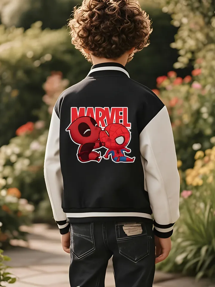 Marvel Boys' Baseball Jacket - Deadpool and Spider-Man Reversible Pattern, Soft Fabric