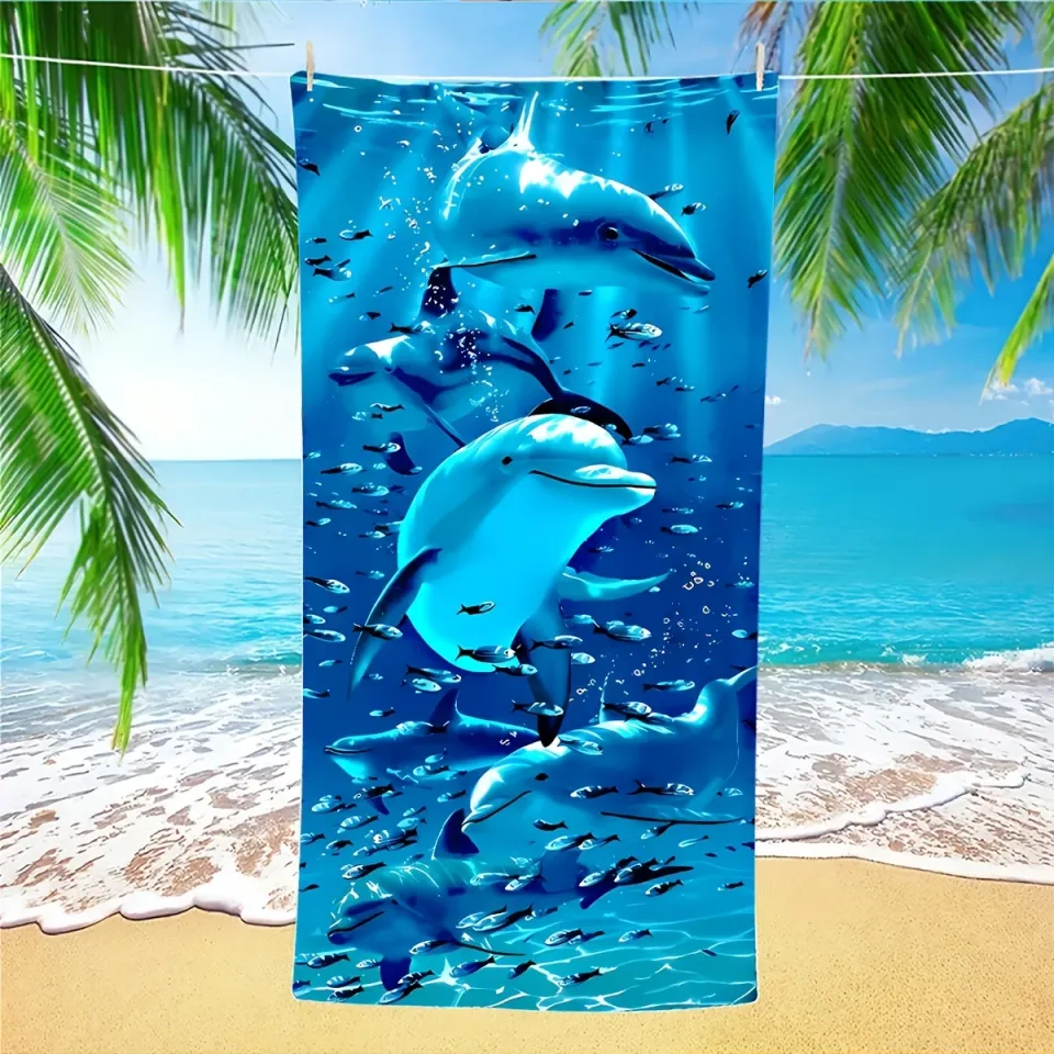Extra Large Microfiber Beach Towel, Super Absorbent, Quick-Dry, Lightweight, Dolphin & Fish Design,Sun & Wind Protection,Travel