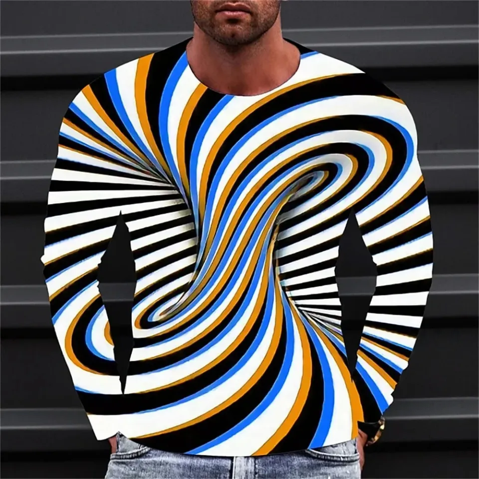 Fashionable Men's Printed T-shirt Optical Illusion Round Neck Long Sleeved Street Harajuku Exaggerated Designer Round Neck Top