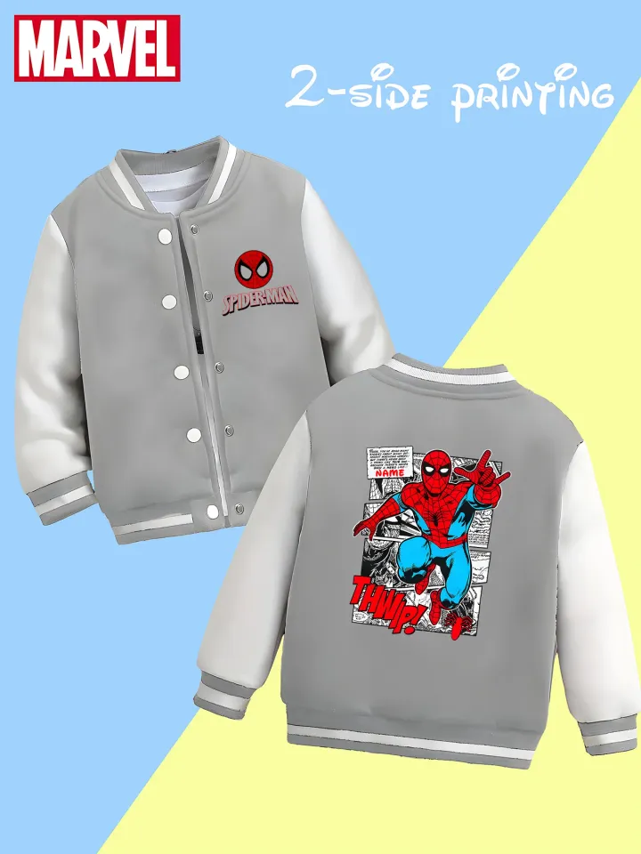 Marvel boys' baseball jacket - Spider-Man comic scene print, double-sided story clips, suitable for school, reading shari