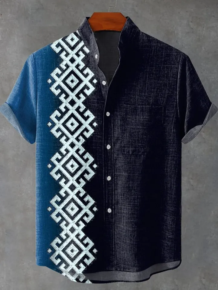 New ethnic-style shirt pattern casual design men's linen printed short-sleeved shirt button fashionable top