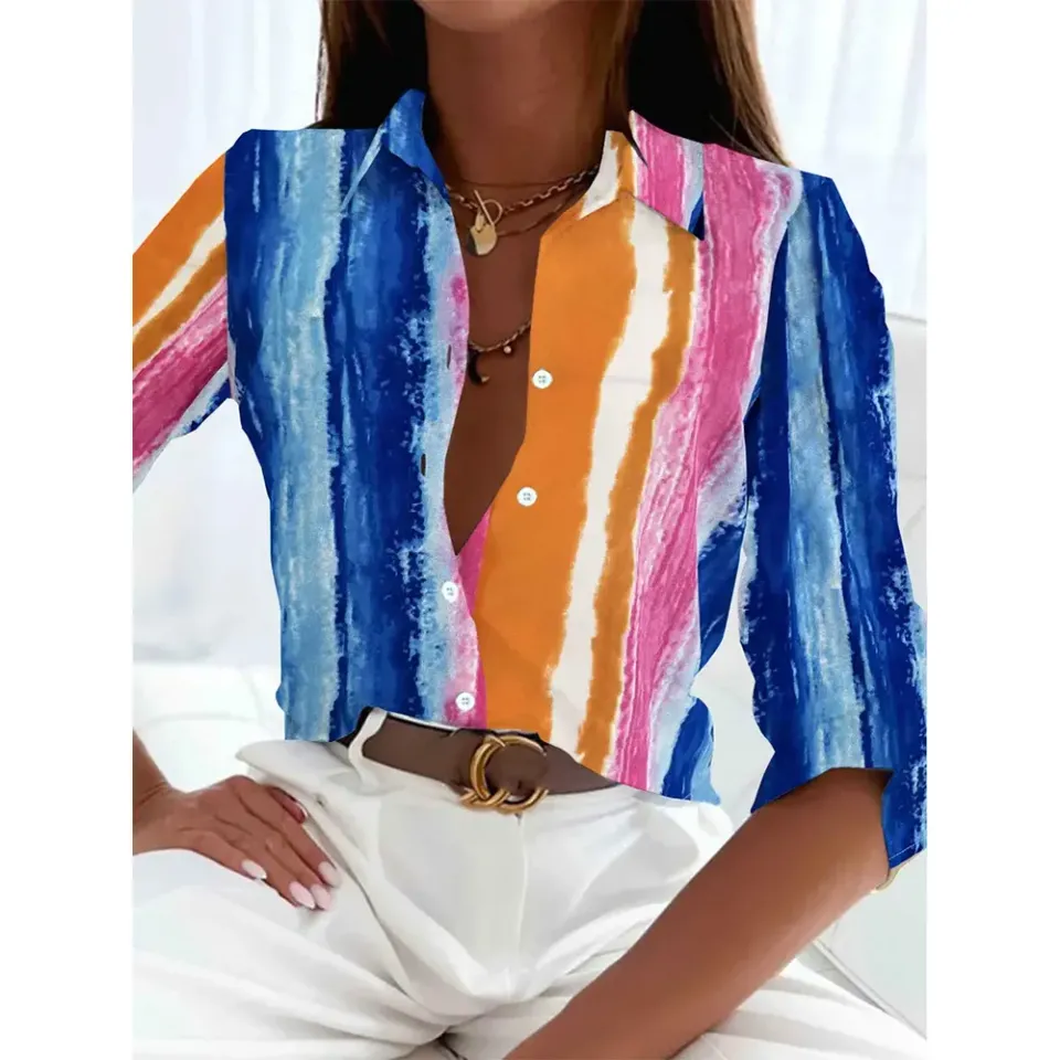 Women's 2024 New 3d Christmas Printed Long Sleeve Shirts Elegant Lapel Long Sleeve Top Winter Spring Single-Breasted Basic Shirt