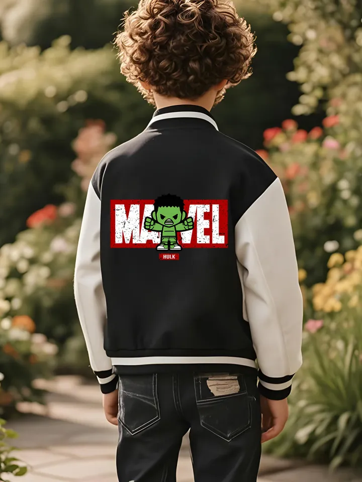Marvel Boys' Baseball Jacket - Hulk Print, Double-Sided Pattern, Soft Fabric
