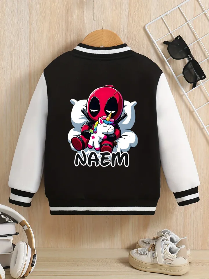 Marvel Boys Baseball Jacket - Deadpool Holding Unicorn Cute Print