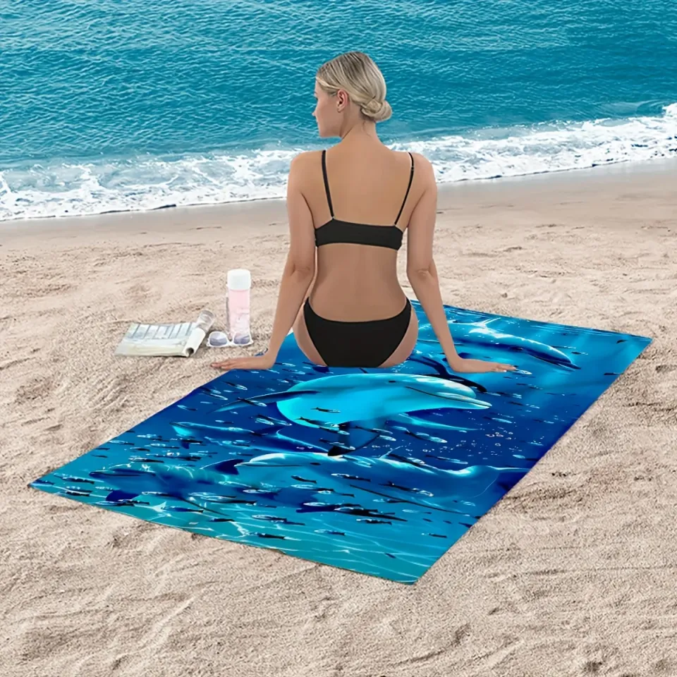 Extra Large Microfiber Beach Towel, Super Absorbent, Quick-Dry, Lightweight, Dolphin & Fish Design,Sun & Wind Protection,Travel