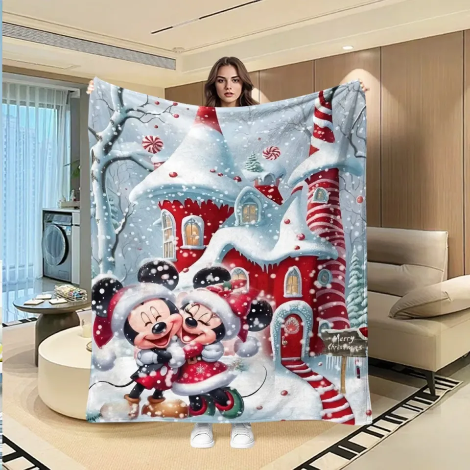 Christmas Mickey & Minnie Snowman Throw Blanket, Disney Holiday Decor