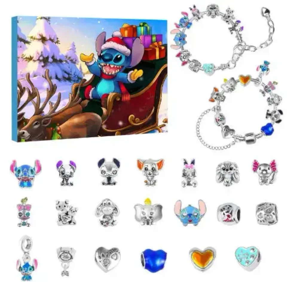 Christmas Advent Calendar Blind Box Mickey Stitch Bracelets 24 Days Xmas Countdown Calendar Diy Jewelry Christmas Gifts
