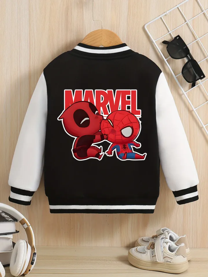 Marvel Boys' Baseball Jacket - Deadpool and Spider-Man Reversible Pattern, Soft Fabric