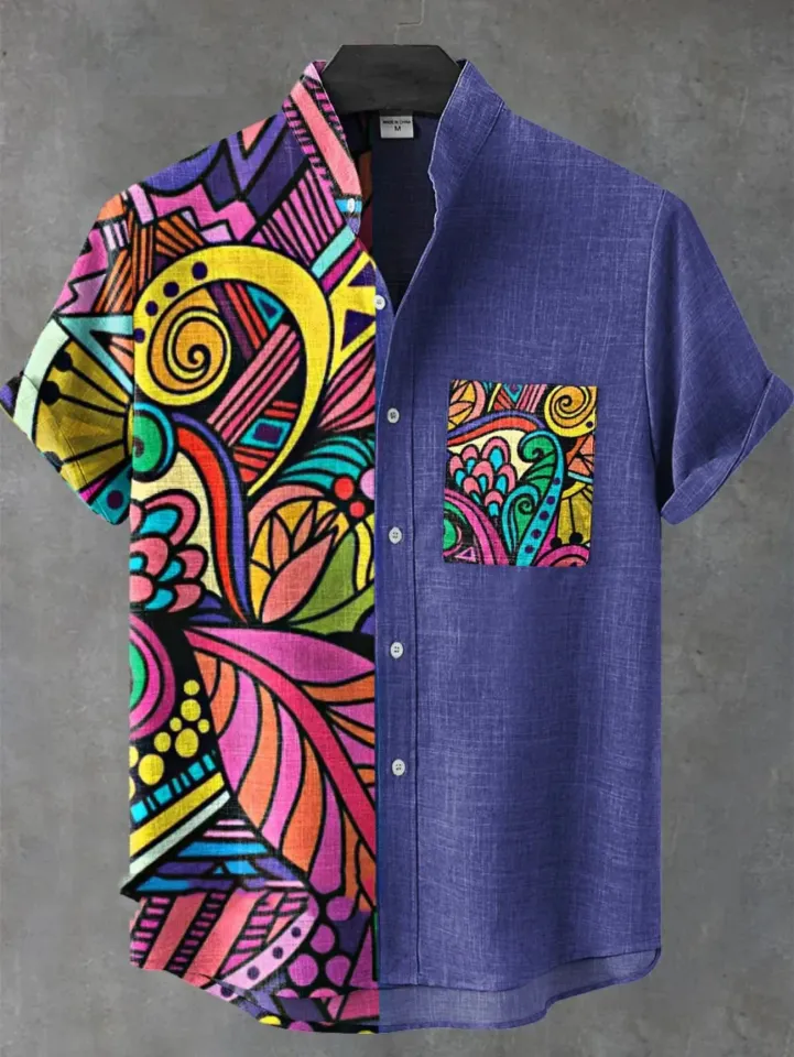 New ethnic-style shirt pattern casual design men's linen printed short-sleeved shirt button fashionable top