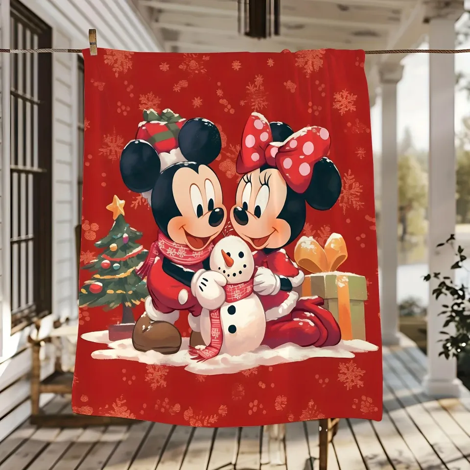 Christmas Mickey & Minnie Snowman Throw Blanket, Disney Holiday Decor
