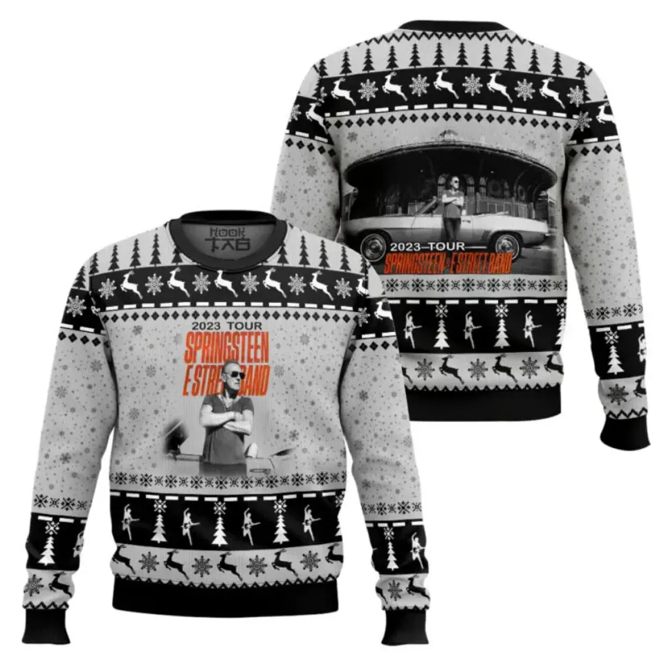 Bruce Springsteen Christmas Hat Guitarist Ugly Sweater American Rock Christmas Outfit Festive Atmosphere Round Neck Pullover Top