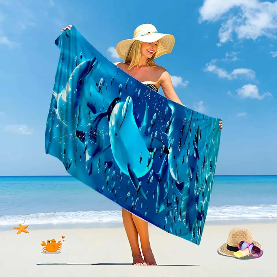 Extra Large Microfiber Beach Towel, Super Absorbent, Quick-Dry, Lightweight, Dolphin & Fish Design,Sun & Wind Protection,Travel