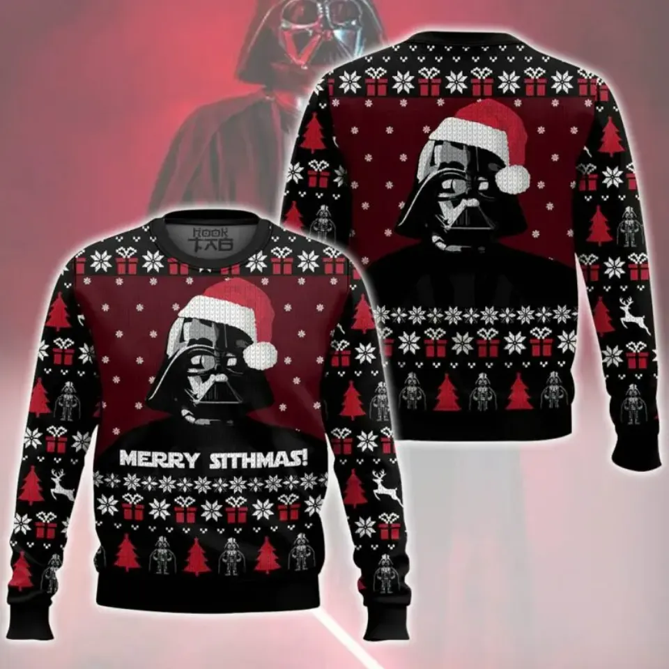 Darth Vader Pattern Ugly Christmas Sweater Funny Holiday Party Pullover Winter Warm Cozy Vintage Jumper for Men Xmas Gift 2026