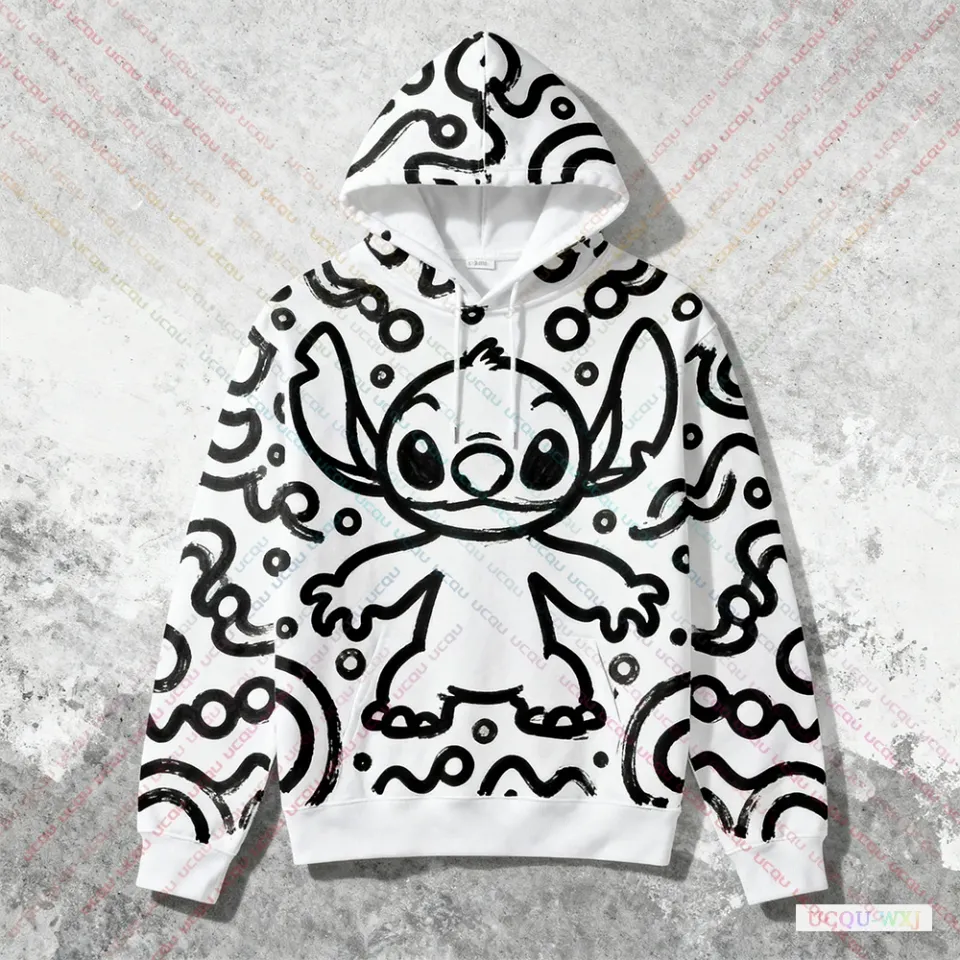 2025 Autumn Winter Plus Size Hooded Sweatshirt Disney Stitch Graffiti Pattern Print Warm And Comfortable Fashionable Sweatshirt