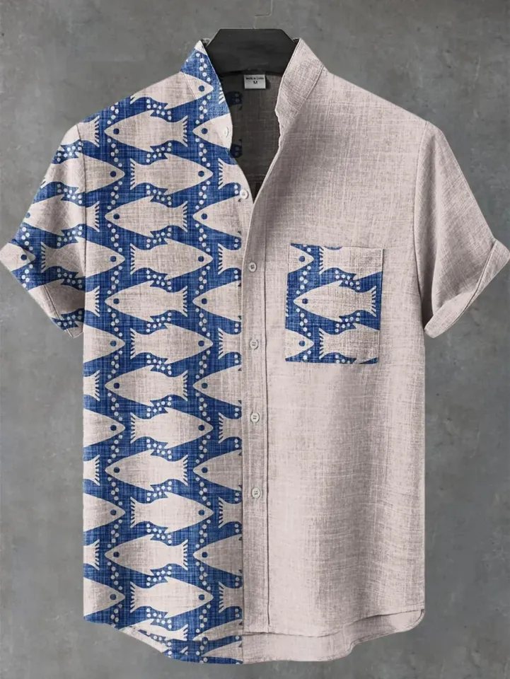 New ethnic-style shirt pattern casual design men's linen printed short-sleeved shirt button fashionable top
