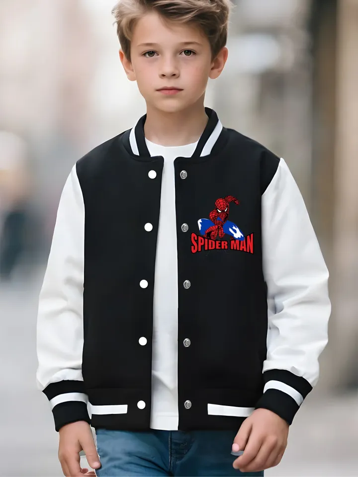 Marvel boys' baseball jacket - Spider-Man digital interactive print, customizable text on both sides, perfect for school,