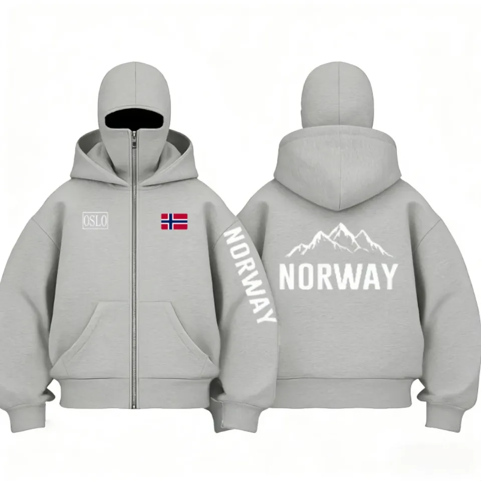 Autumn Winter Men's and Women's Norway flag pattern fleece zip up hoodies Balaclava Hooded Mask Design Fashionable sweatshirt