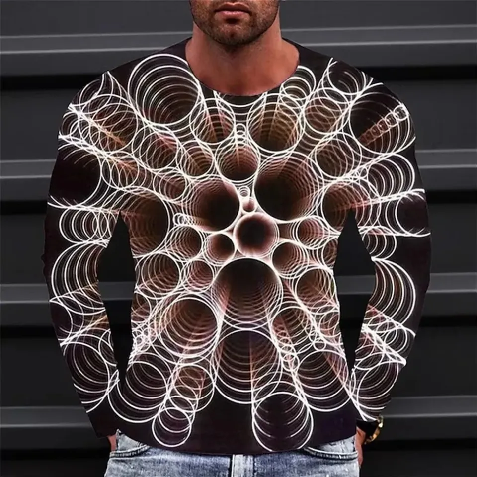 Fashionable Men's Printed T-shirt Optical Illusion Round Neck Long Sleeved Street Harajuku Exaggerated Designer Round Neck Top