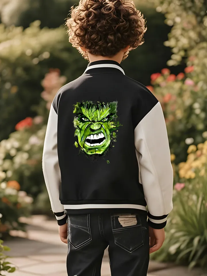 Marvel Boys' Baseball Jacket - Incredible Hulk Print, Double-Sided Pattern, Comfortable Fabric, Black and White, Fashiona
