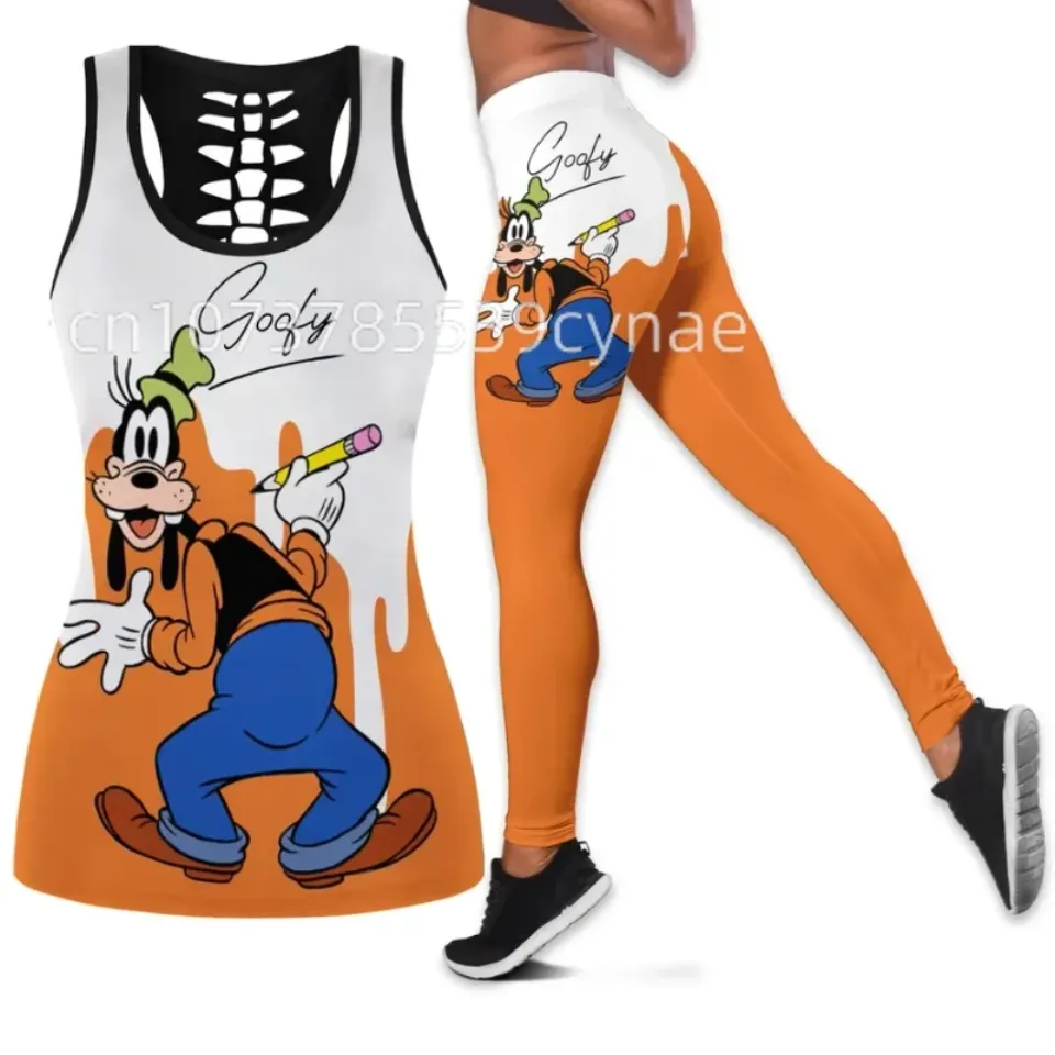 New Disney Goofy Women  Hollow Vest + Women Leggings Yoga Suit Fitness Leggings Sports Suit Disney Tank Top Legging Set Outfit