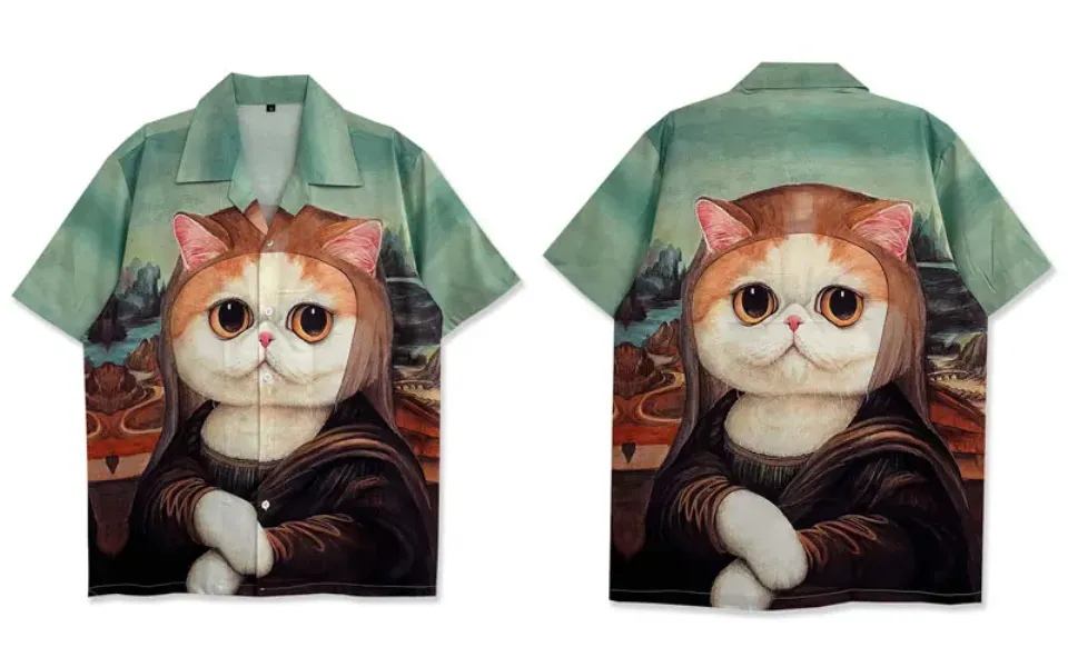 Vintage Funny Cat Mona Lisa Hawaiian Shirt