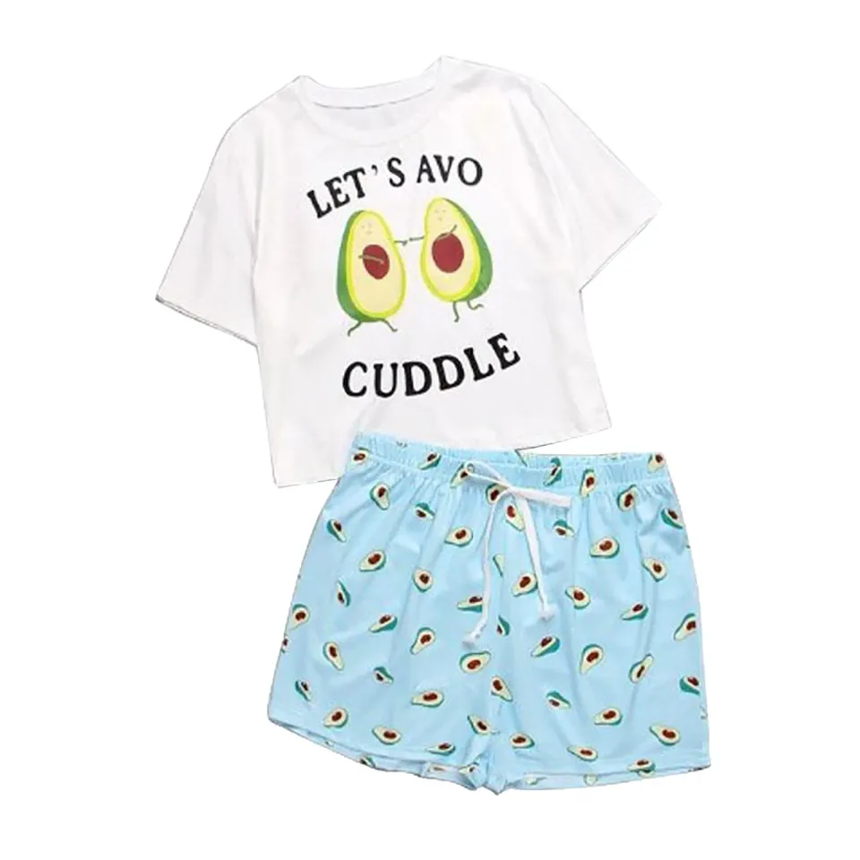 Women'S Fashion Leisure Trend Patchwork Teacup Fruit Printing Pajama Set, 2024 Casual Homewear, Short Sleeve With Shorts 2pc Set