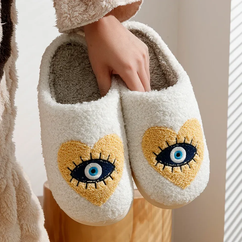 New Home Women's Slippers, winter Warm Houseshoes Evil Eye Style, Fuzzy Comfy Heart Flat Sole Funny Flip Flops Women Shoes