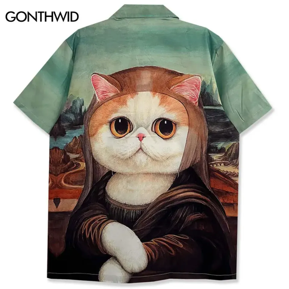 Vintage Funny Cat Mona Lisa Hawaiian Shirt