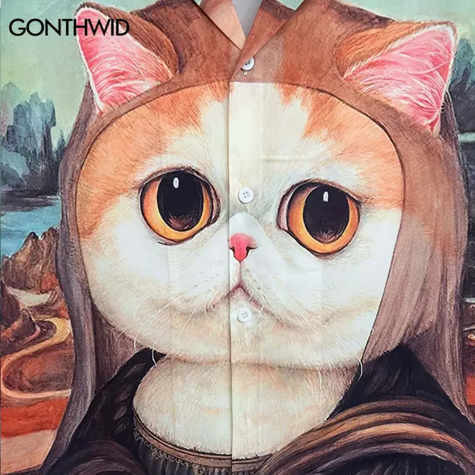 Vintage Funny Cat Mona Lisa Hawaiian Shirt
