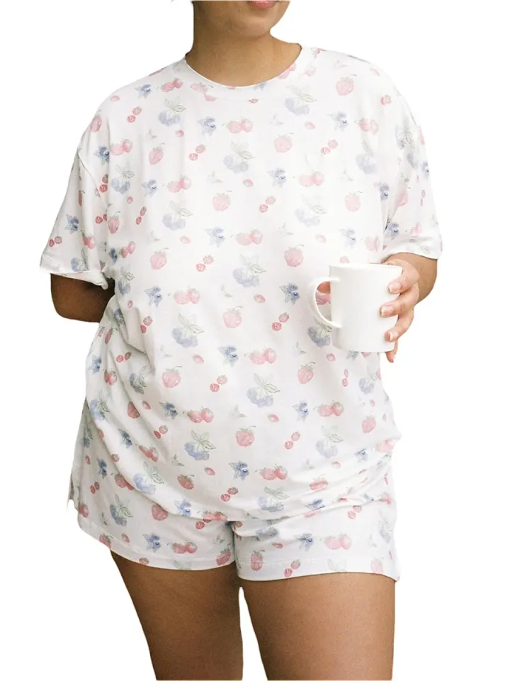 Women 2 Piece Pajama Shorts Sets, Floral Fruit Print Short Sleeve Crewneck T-shirt, Tops and Shorts Summer Lounge Set