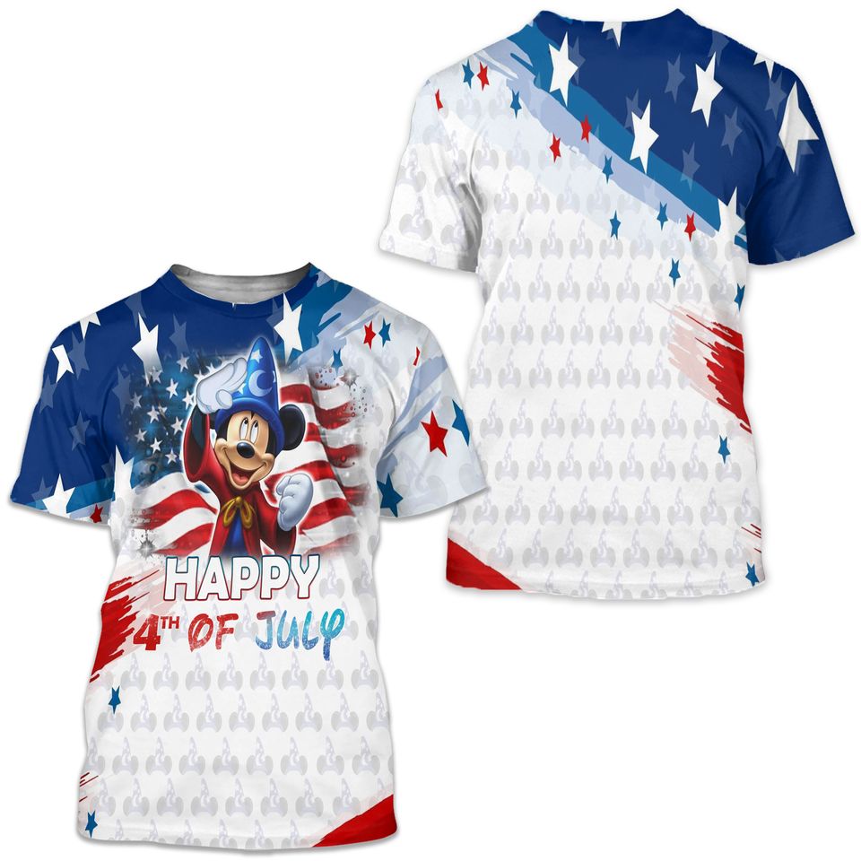 Mickey Fantasia July 4th USA Flag Patterns Disney Cartoon Outfits Unisex Casual T-shirts