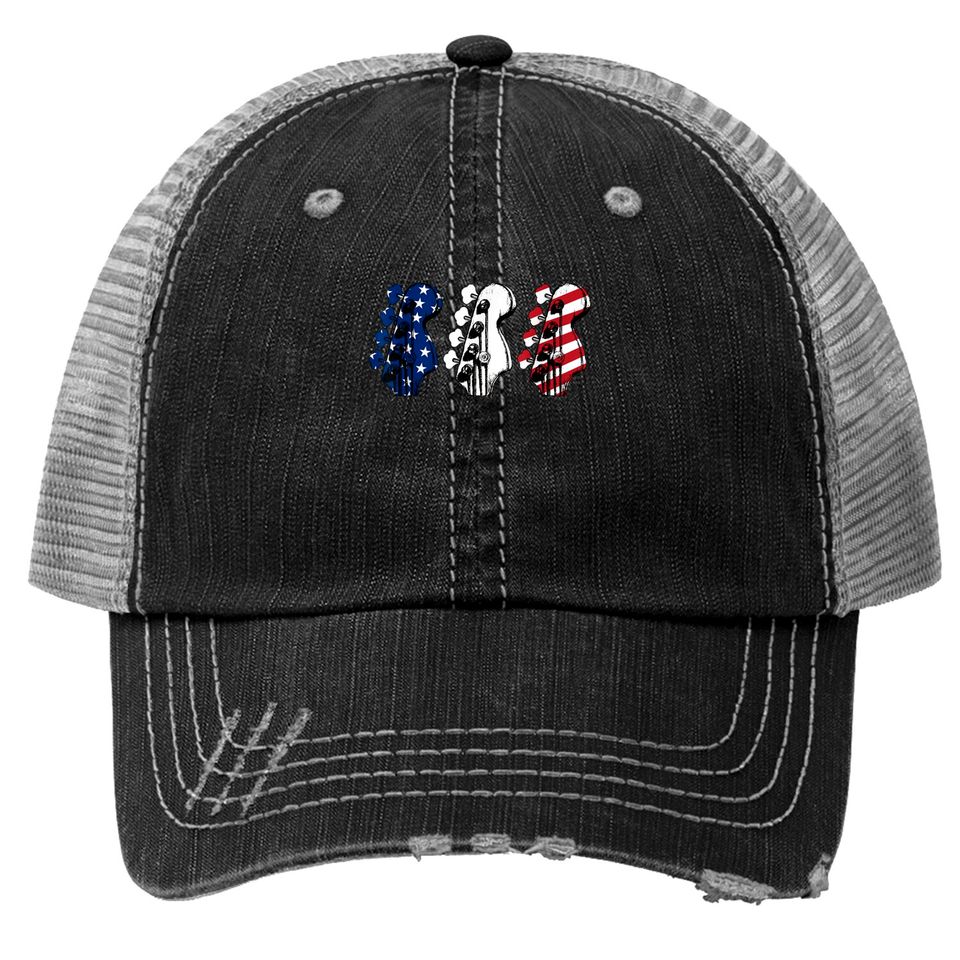 Red White Blue Guitar Head Guitarist 4th Of July Trucker Hats