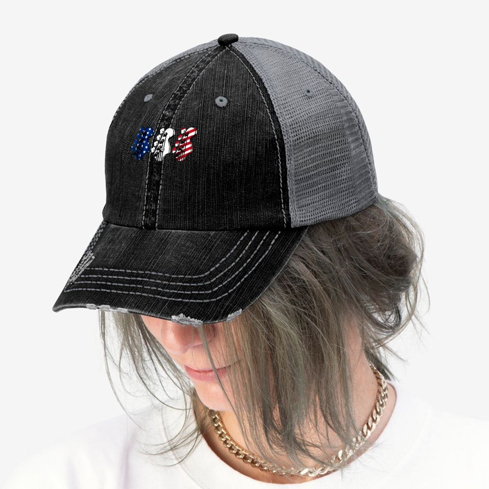 Red White Blue Guitar Head Guitarist 4th Of July Trucker Hats