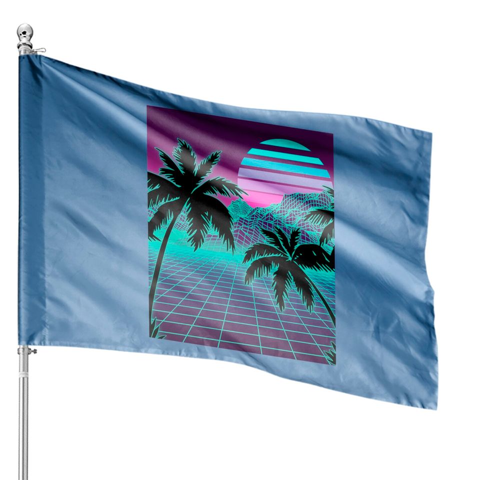 Retro 80s Vaporwave Sunset Sunrise With Outrun style grid House Flags
