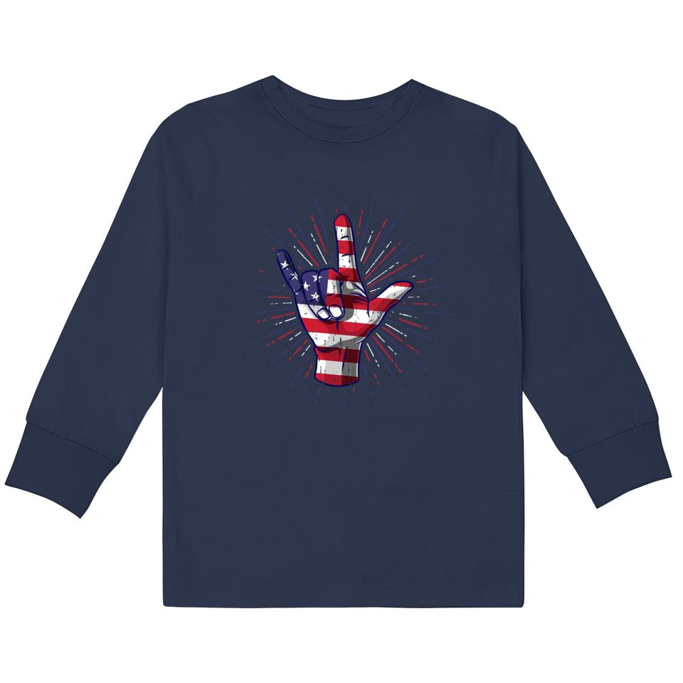 I Love You Hand Sign Gesture USA American Flag Cute - Usa America Flag -  Kids Long Sleeve T-Shirts