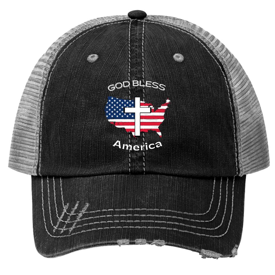God Bless America White Cross on USA Map Trucker Hats