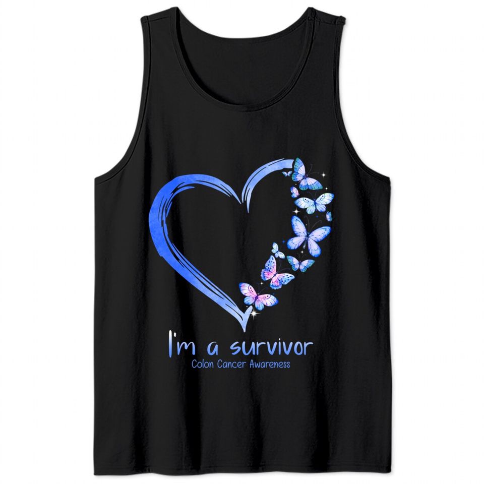 Blue Butterfly Heart I'm A Survivor Colon Cancer Awareness Tank Tops