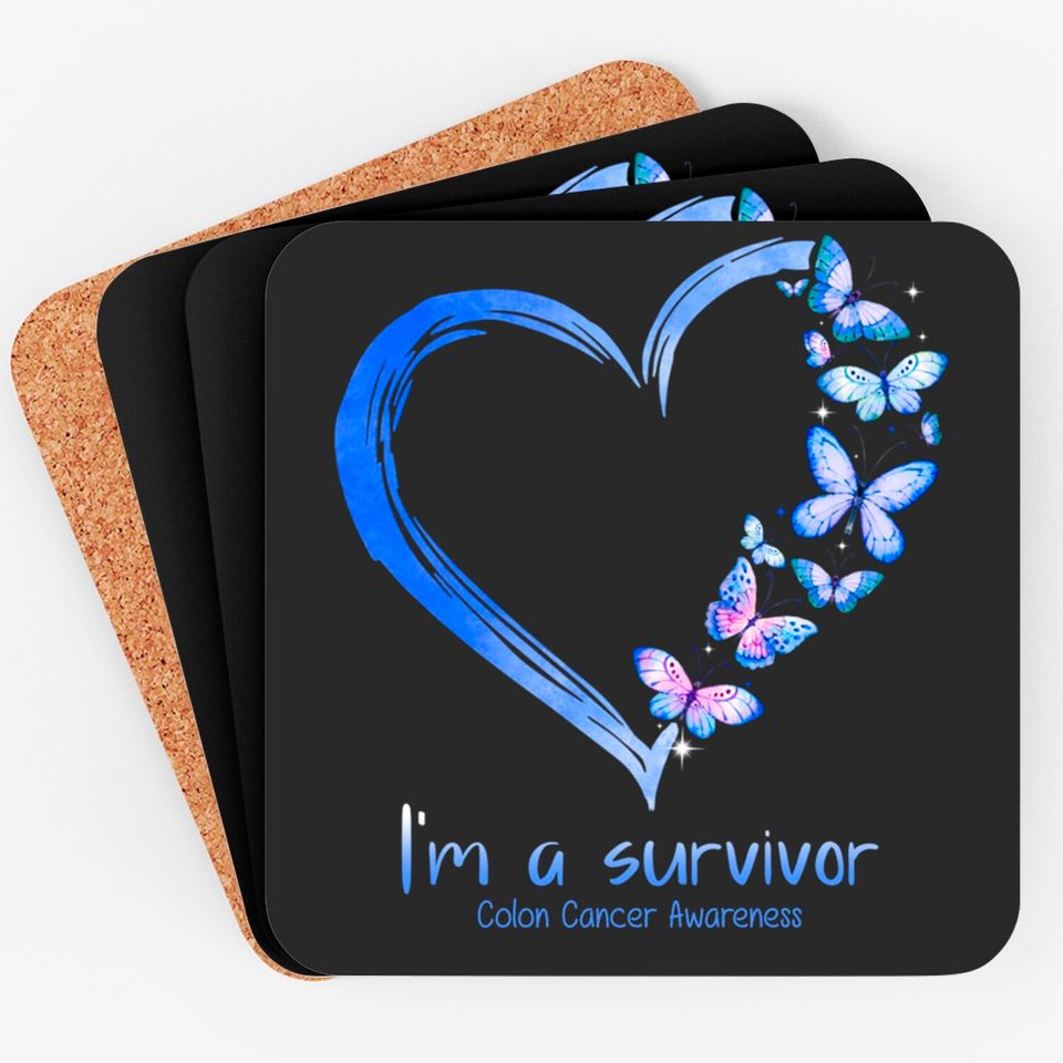 Blue Butterfly Heart I'm A Survivor Colon Cancer Awareness Coasters