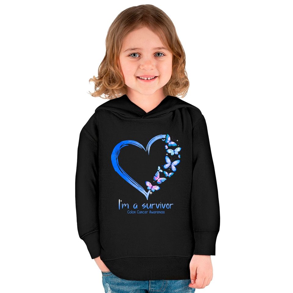 Blue Butterfly Heart I'm A Survivor Colon Cancer Awareness Kids Pullover Hoodies